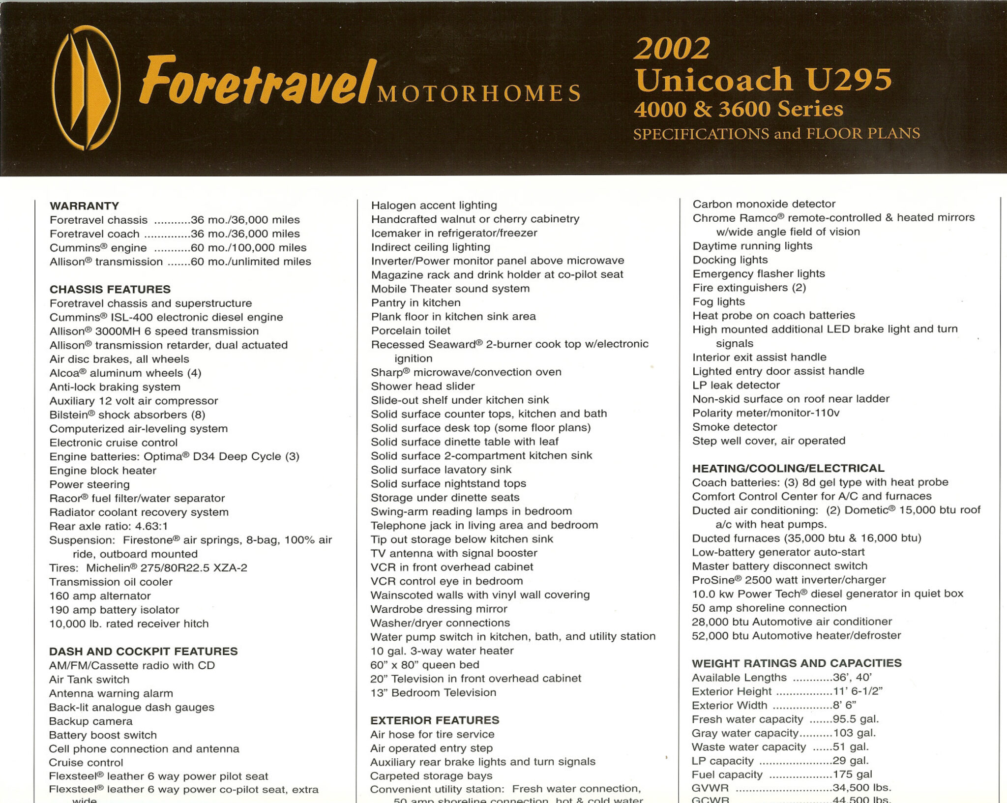 2002 Foretravel U295 Specifications - All Things Foretravel