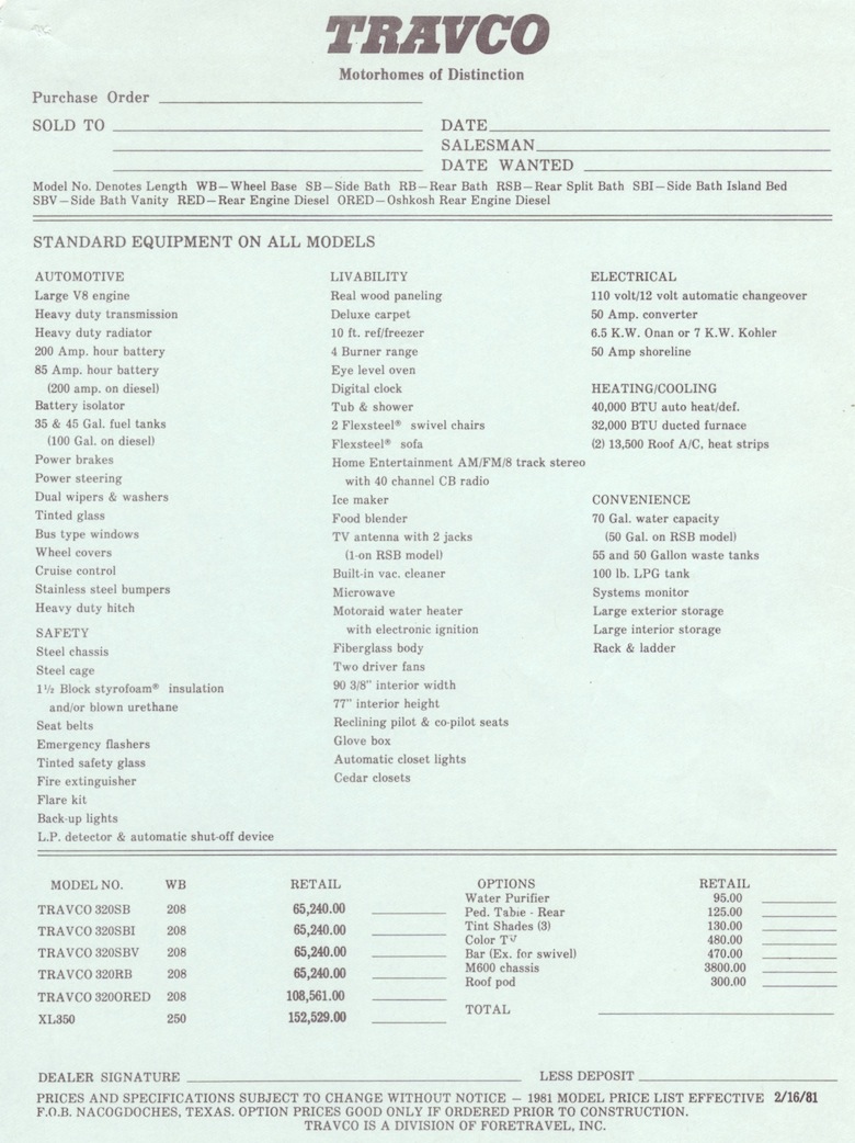 1981 Travco 320 Specifications - All Things Foretravel